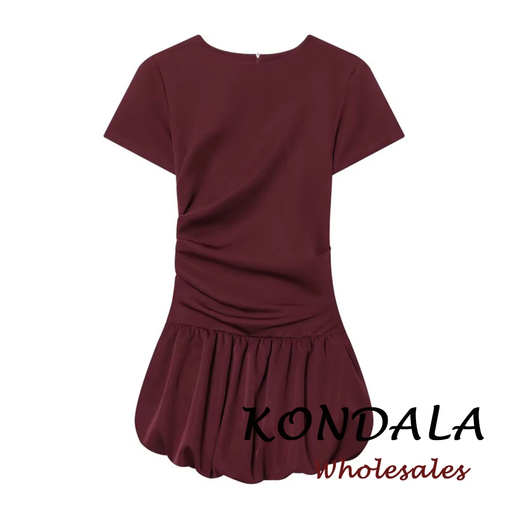 KONDALA Schickes Etuikleid mit Kurzen Ärmeln, Mini-Kleid für Damen, Mode 2026 Frühling, Weinrotes O-Ausschnitt-Kleid, Drapiertes Lässiges Elegantes Damenkleid