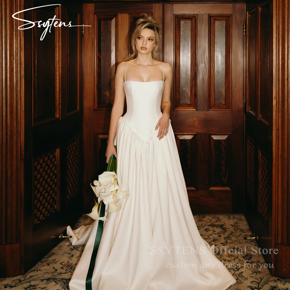 

SSYTENS Spaghetti Straps Satin Wedding Dresses Elegant Sleeveless A-line Brides Evening Gowns Strapless Customized Bridal Gowns