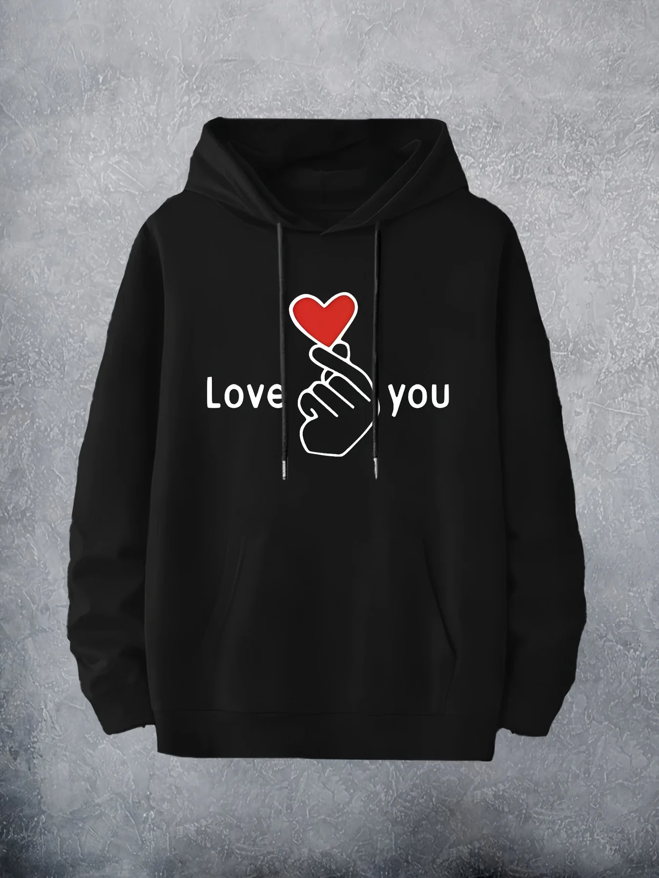 سترة بقلنسوة بنمط "Love You"، سويت شيرت رياضي كاجوال باللون الأزرق مع تصميم قلب وبصمة الإصبع، سويت شيرت لعيد الحب