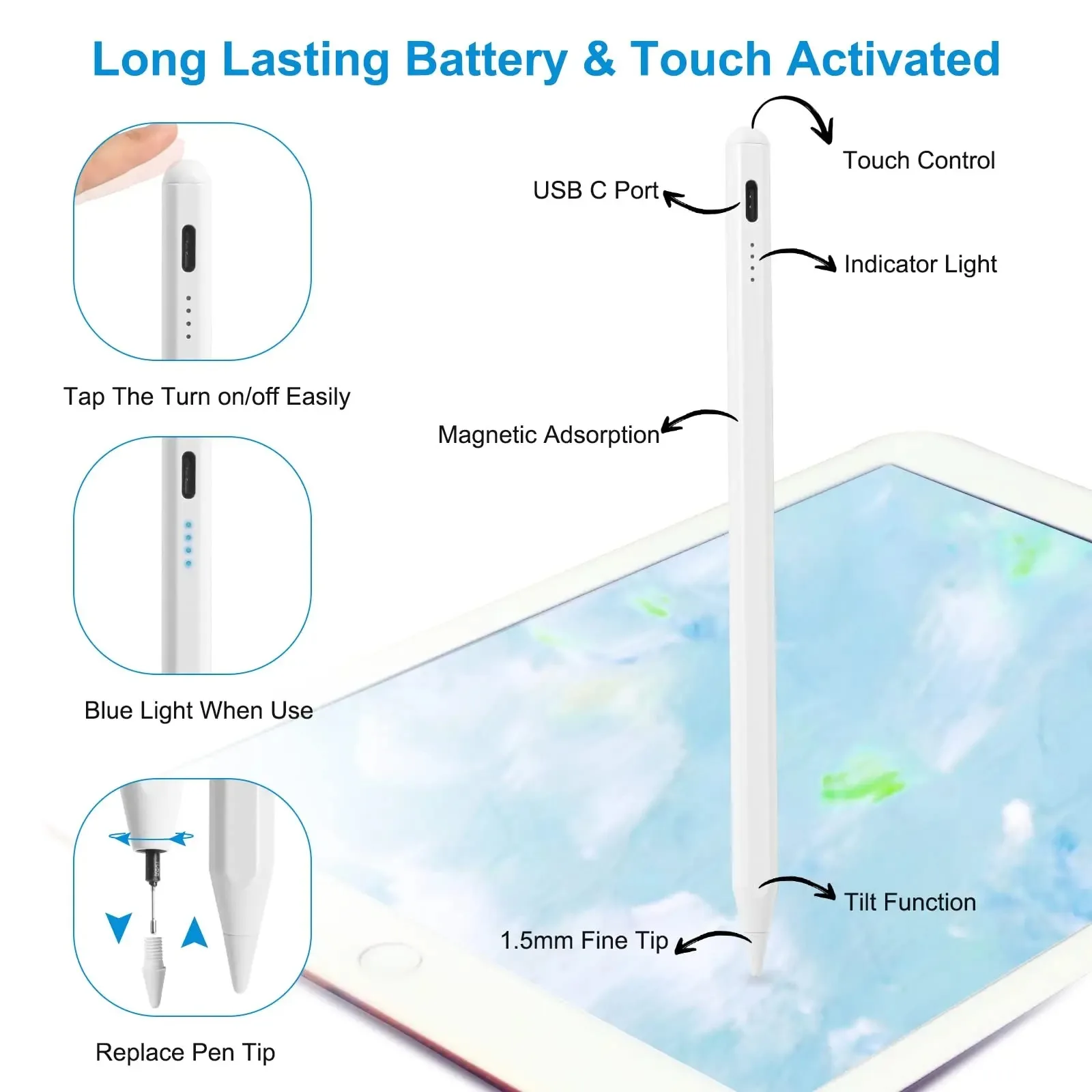 

Стилус для Apple Pencil со светодиодными индикаторами мощности, сенсорный карандаш с отклонением ладони для 2022 2021 2020 2019 2018, карандаш для iPad