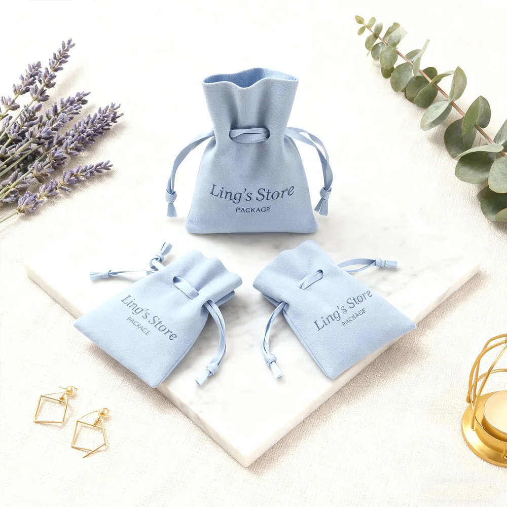 

100Pcs Light Blue Custom Logo Microfiber Drawstring Gift Packaging Bag WeddingCandy Pouch Earring Bracelet Storage Organizer