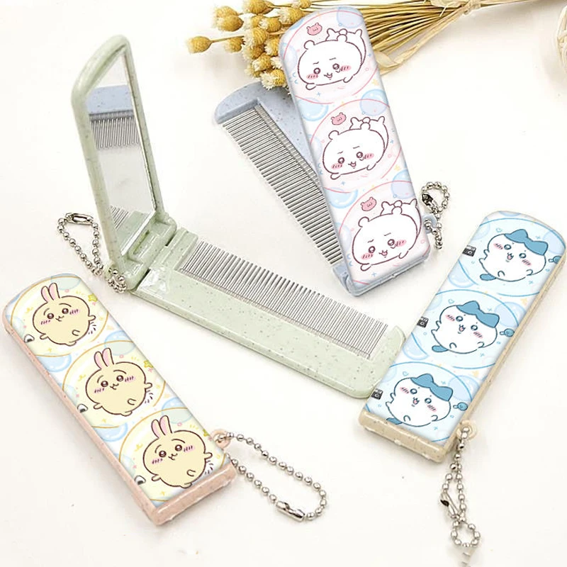 Kawaii Miniso Chiikawa Comb Hachiware Cute Anime Folding Comb with Small Mirror Integrated Portable Bag for Going Out Combs