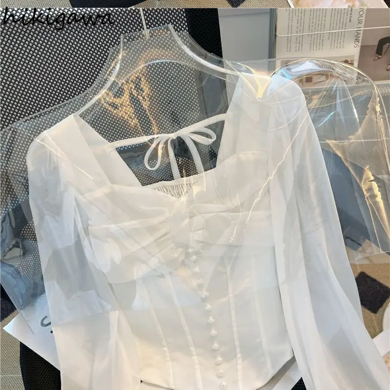 Korean Blouse Women Bandage Bow Single Breasted Summer Shirts 2023 Blusas Mujer De Moda Patchwork Gauze Tunic Chic Blouses Tops