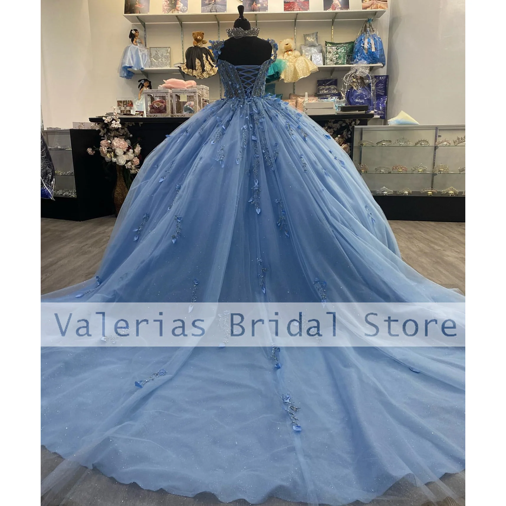 Gaun Sky Blue Quinceanera gaun pesta renda applique gaun pesta Formal Vestido De 15 quincealeras disesuaikan