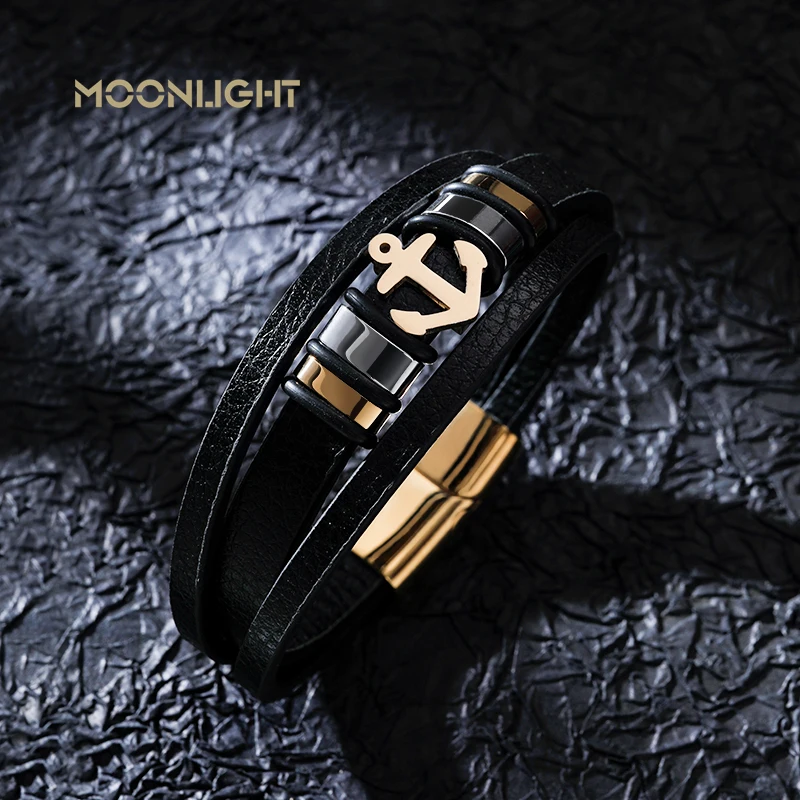 Fashion Stainless Steel Golden Ship\'s Anchor Bracelet Charm Men Leather Bracelet Braided Punk Rock Bangles Jewelry Accessories
