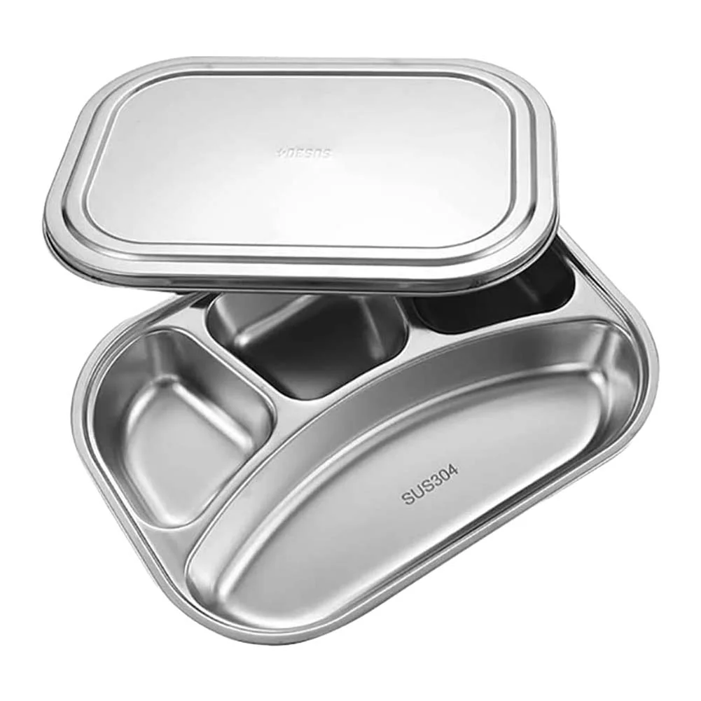 3/4 Section 304 Stainless Steel Divided Dinner Tray Lunch Container Food Plate for School Canteen Fast Food Adult Lunch Box