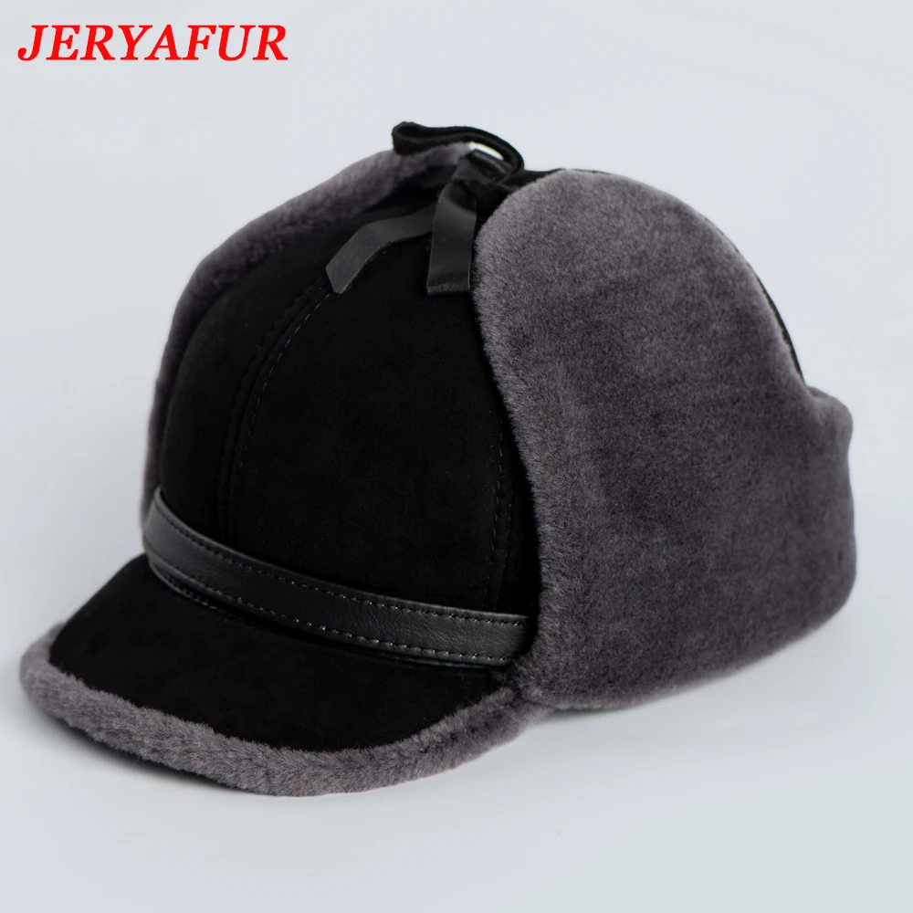 JERYAFUR High Quality 2023 Winter Leather Hat Men Fur Lamb Wool Warm Thick Earflaps Bomber Hats Men\'s Baseball Cap Russian Hat