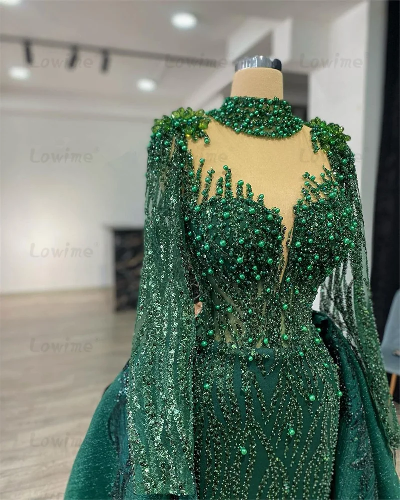 Dubai Full Sleeve Evening Dress Green Beaded With Detachable Train Formal Mermaid Prom Dresses 2024 Arabic Engagement Party Gown