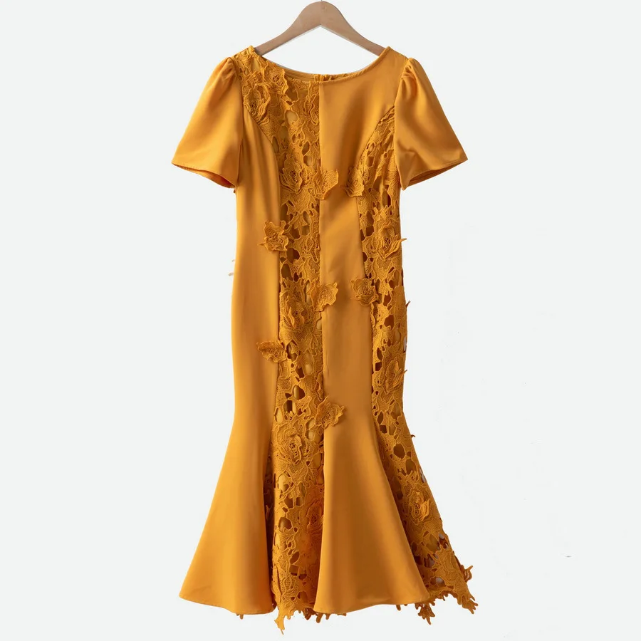 

Summer 2025 new styles of European and American women's clothing Short-sleeved round-neck Hollowed-out crochet fishtail dress