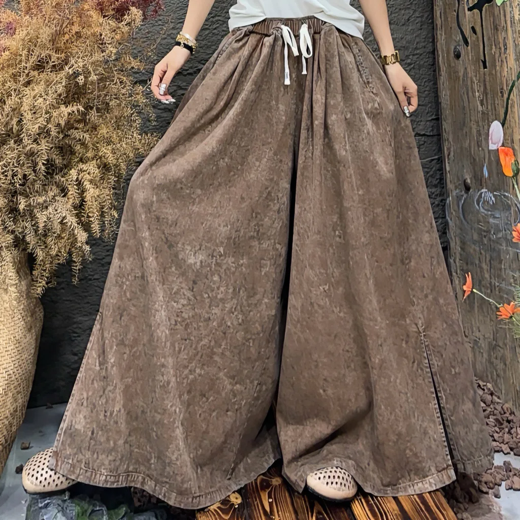 SuperAen Spring 2026 New Simple Vintage Solid Color Patchwork Wide Leg Pants for Women Loose High-Waisted Lace-Up Denim Pants