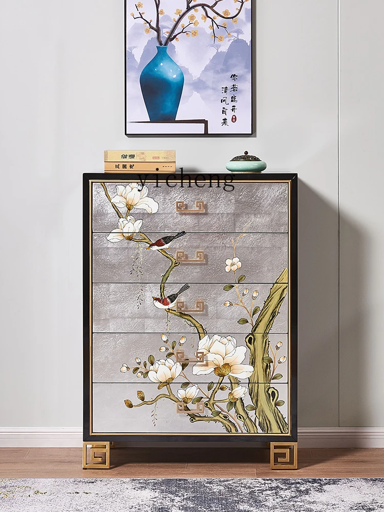 YY New Chinese Style Solid Wood Living Room Chest of Drawers Storage Side Cabinet Curio Cabinet