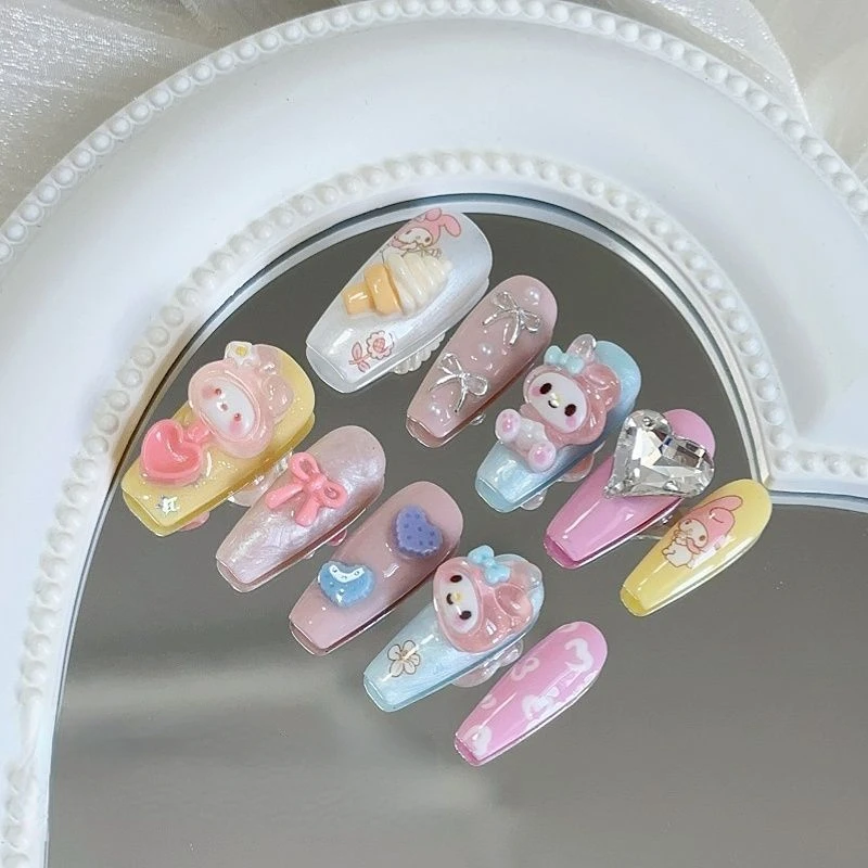 Sanrio Kuromi Melody uñas usables hechas a mano Y2K, Parche de manicura de dibujos animados de moda, manicura desmontable para niñas, regalo de cumpleaños