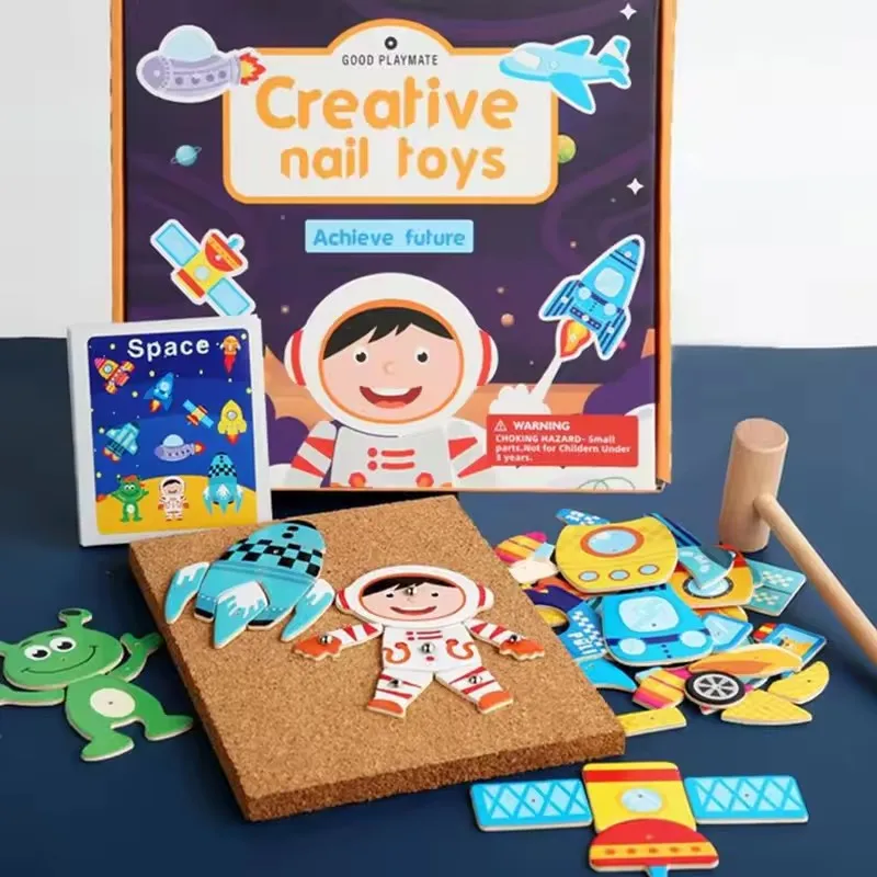 Hammer and Nails Game Cork Board Tap Art Set Colorful Wooden Pieces in Different Shapes and Mini Tools. Creative Toy for Kids 3+