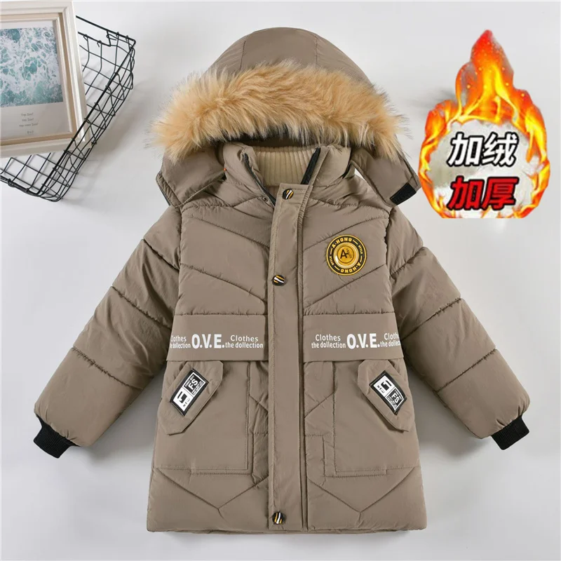 -30℃ Boys Plus Velvet Jackets Winter Padded Thick Warm Cotton Clothes Kids Parka Hooded Snowsuit Coats 4-8 Years