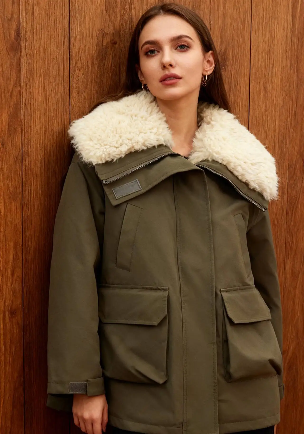 Parkas Womens Longues Autumn Blended Flannel Cropped Asymmetric Fitted Lace-Up Waist-Cinching Tied Pleated O-Neck Slimming Solid