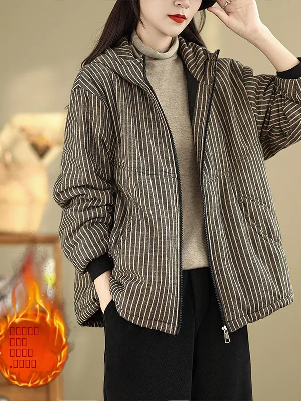 

Простая женская хлопковая верхняя одежда Jaet с капюшоном в полоску, свободное зимнее пальто больших размеров, длинное пальто на молнии, повседневная одежда