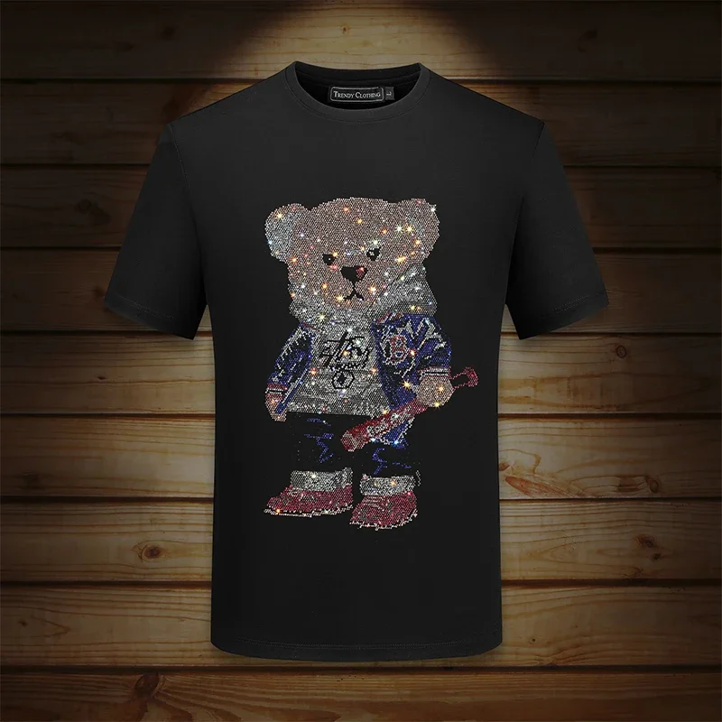 

Повседневные футболки с короткими рукавами, мужская летняя одежда, модные уличные футболки с рисунком медведя и стразами, футболки из мерсеризованного хлопка с круглым вырезом
