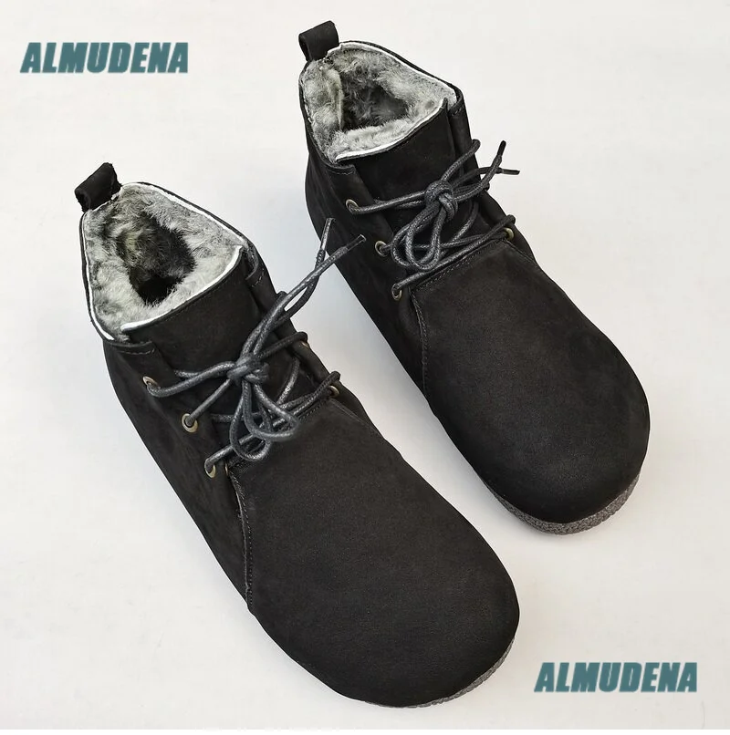 Men Winter Faux Leather Ankle Boots Round Toe Lace-Up Fleece Lined Warm Flat Retro Casual Cold Weather Short Booties Men's Boots