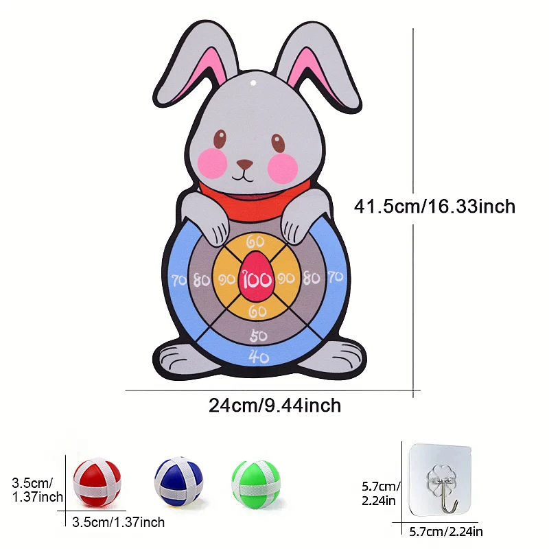 مجموعة لوحة رمي السهام اللزجة على شكل أرنب لطيف، مناسبة لألعاب الرمي التفاعلية الداخلية/الخارجية، بما في ذلك 3 كرات وخطافات