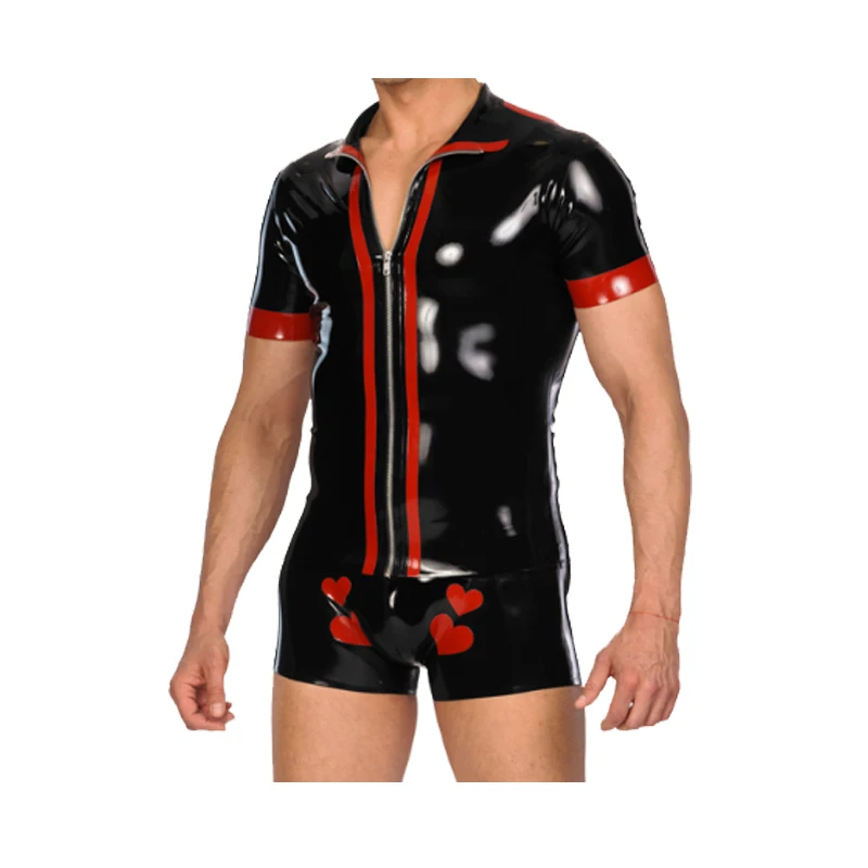 Latex Men Red and Black Short Slevees Top With Zipper  Boxer Shorts Suit Size XXS-XXL