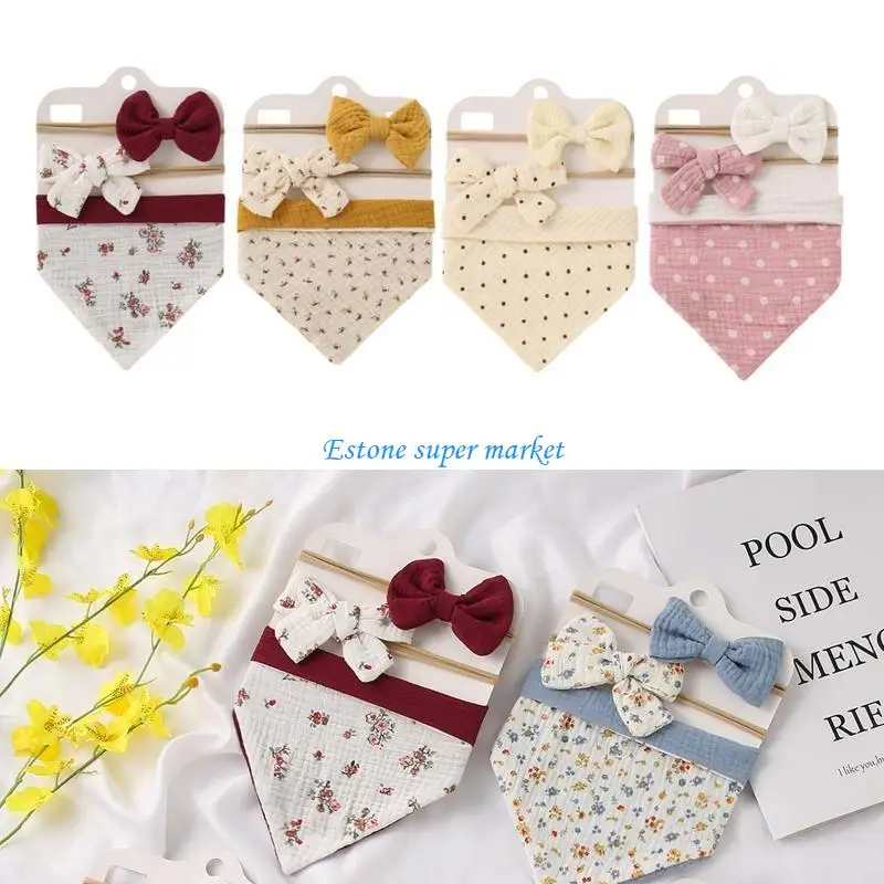 

090B Unisex Baby Cotton Bib and Headband Set Size Adjustable Button Saliva Bibs for Infant Boy Girl Feeding Burp Cloth