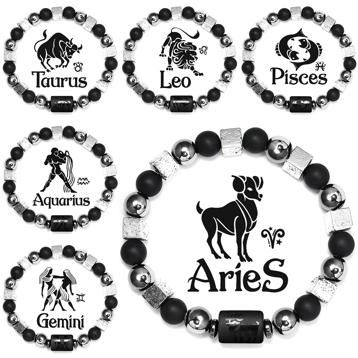 

12 Zodiac Bracelets Natural Stones Capricorn Virgo Pisces Hematite Energy Stones Bracelet Couple Friendship Gifts Pulsera Hombre