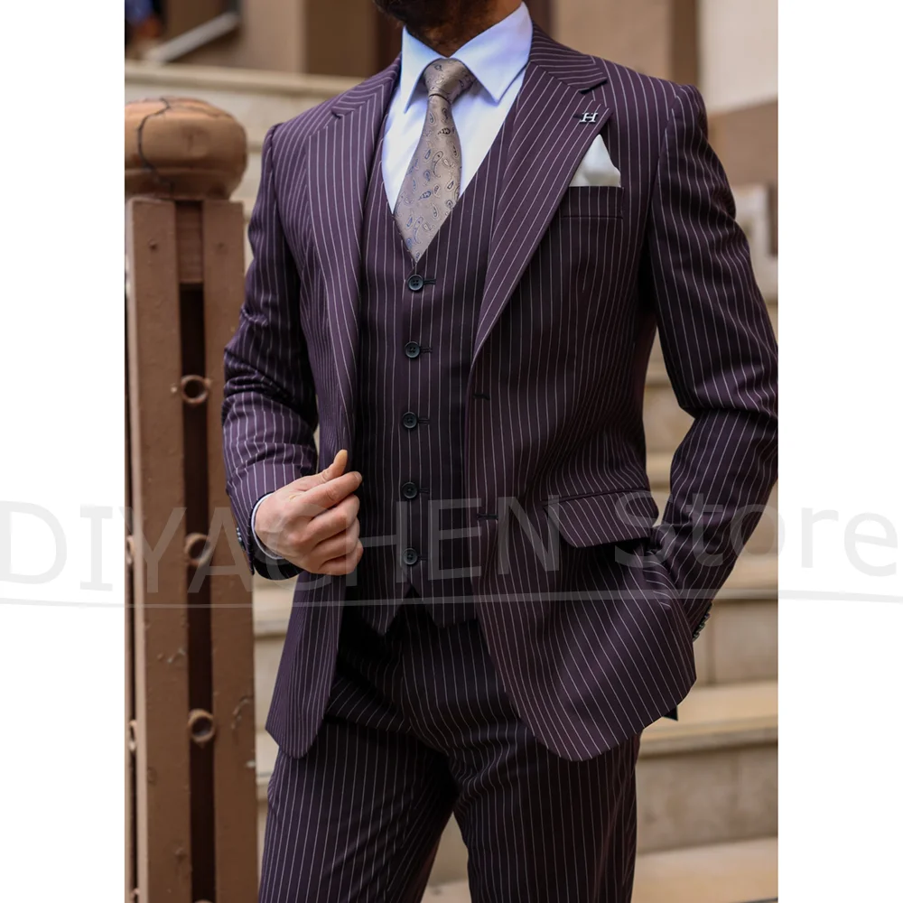 

Striped Men Suits Chic Notch Lapel Single Breasted Outfits 3 Piece Sets Daily Casual Slim Business Evening Formal Male Suit
