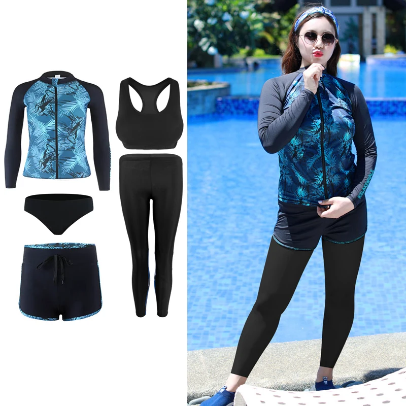 

2024 Plus Size Women Sports Swimwear Rashguard Long Sleeve Split Swimsuit Female Conservative Surfing Swimwear Diving Suit