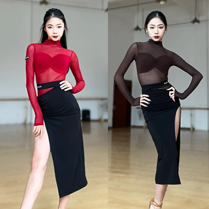 

Sexy Latin Dance Clothing Women Mesh Dancing Top Slit Skirt Adults Samba Tango Latin Dance Costumes Training Wear SL11348