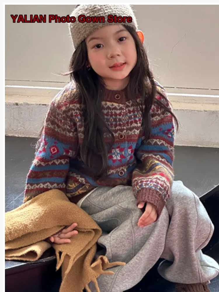 Girls Thickened Cotton Cashmere Fair Isle Children Winter Color Block Knit Coat Kids