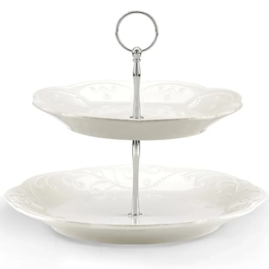 

2-Tier Serving Tray French Perle White Two Tiered Tray Stand Dessert Stands Tiered Display with Round Plates Christmas Hosting