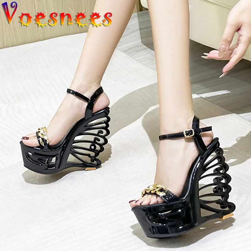 Women Summer Sandals Hollow Out Platform Party Wedges Shoes Fashion Metal Chain Decoration Solid Color Catwalk Model High Heels