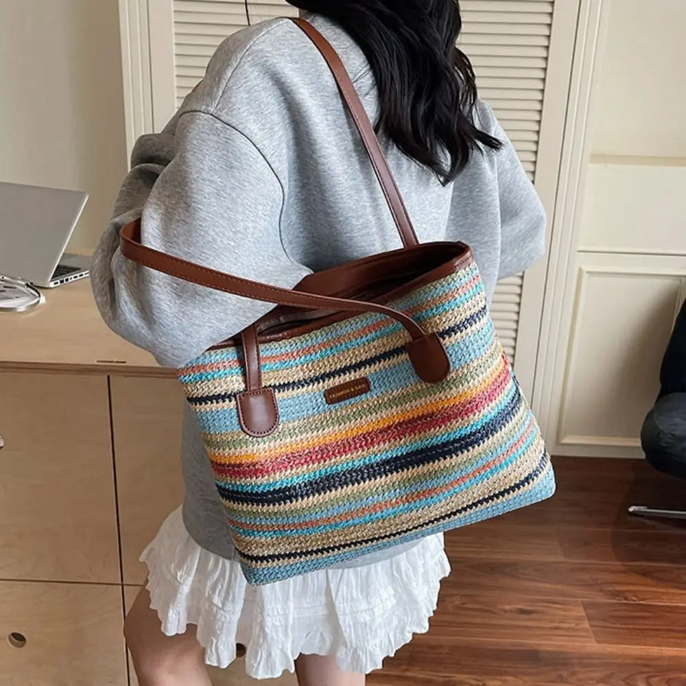 

Hollow Out Straw Woven Bag Beach Handbag Parent Shoulder Bag Bohemian Beach Bag Bucket Bag Large Capacity Strip Shoulder Bag