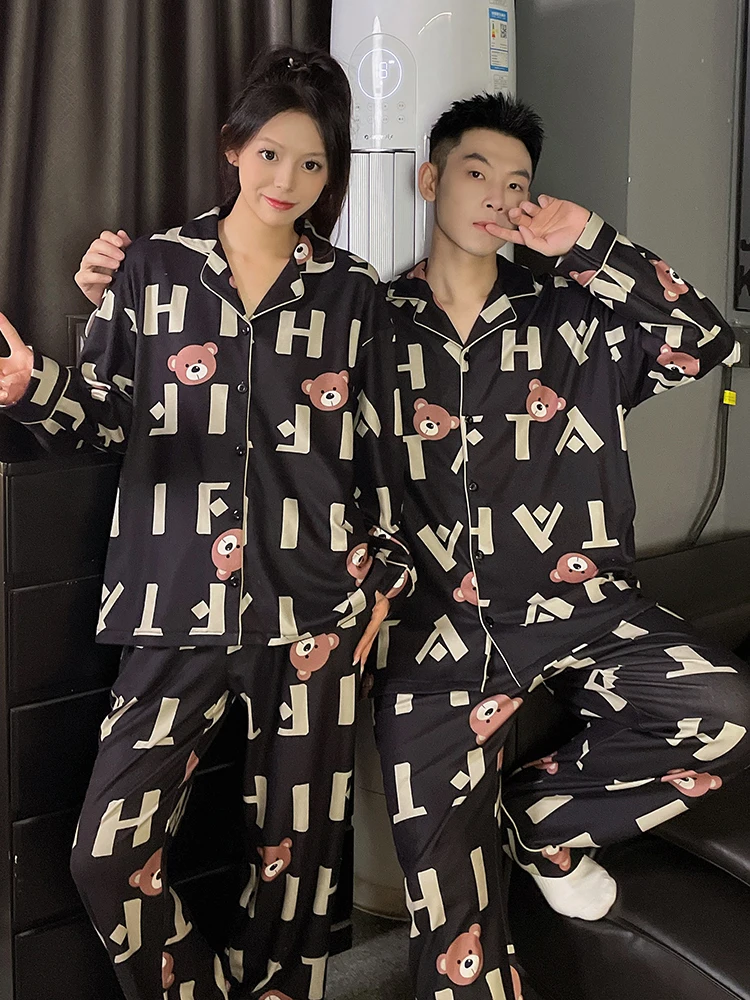 طقم ملابس نوم من DAIMELU بيجامات للزوجين للسيدات للربيع والخريف كارتونية لطيفة على شكل دب بأكمام طويلة ملابس نوم للرجال بدلة تنحيف #5