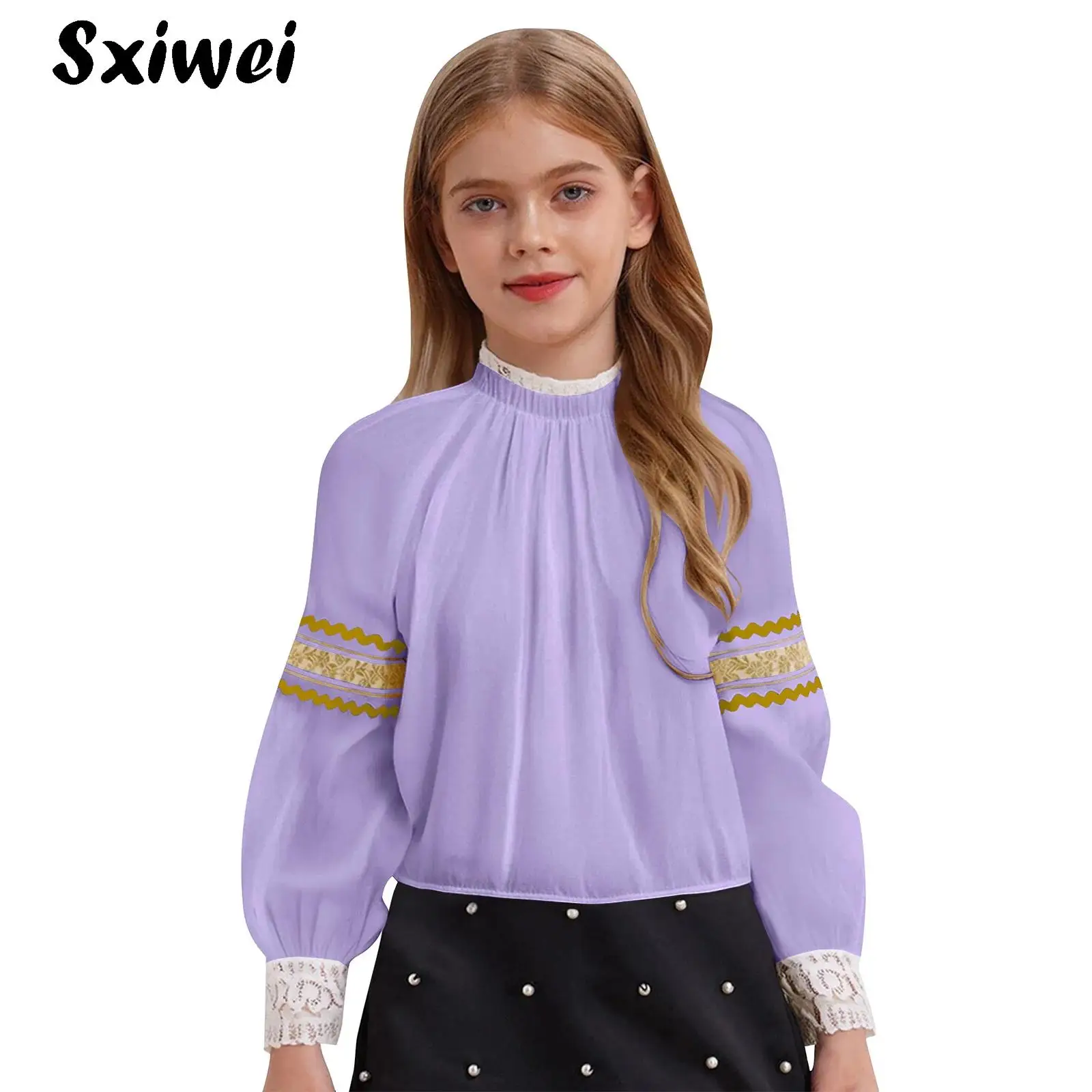 

Girls Russian Traditional Blouses Top Halloween New Year Carnival Party Dress Up Long Sleeve Lace Cuffs Undershirt Costume