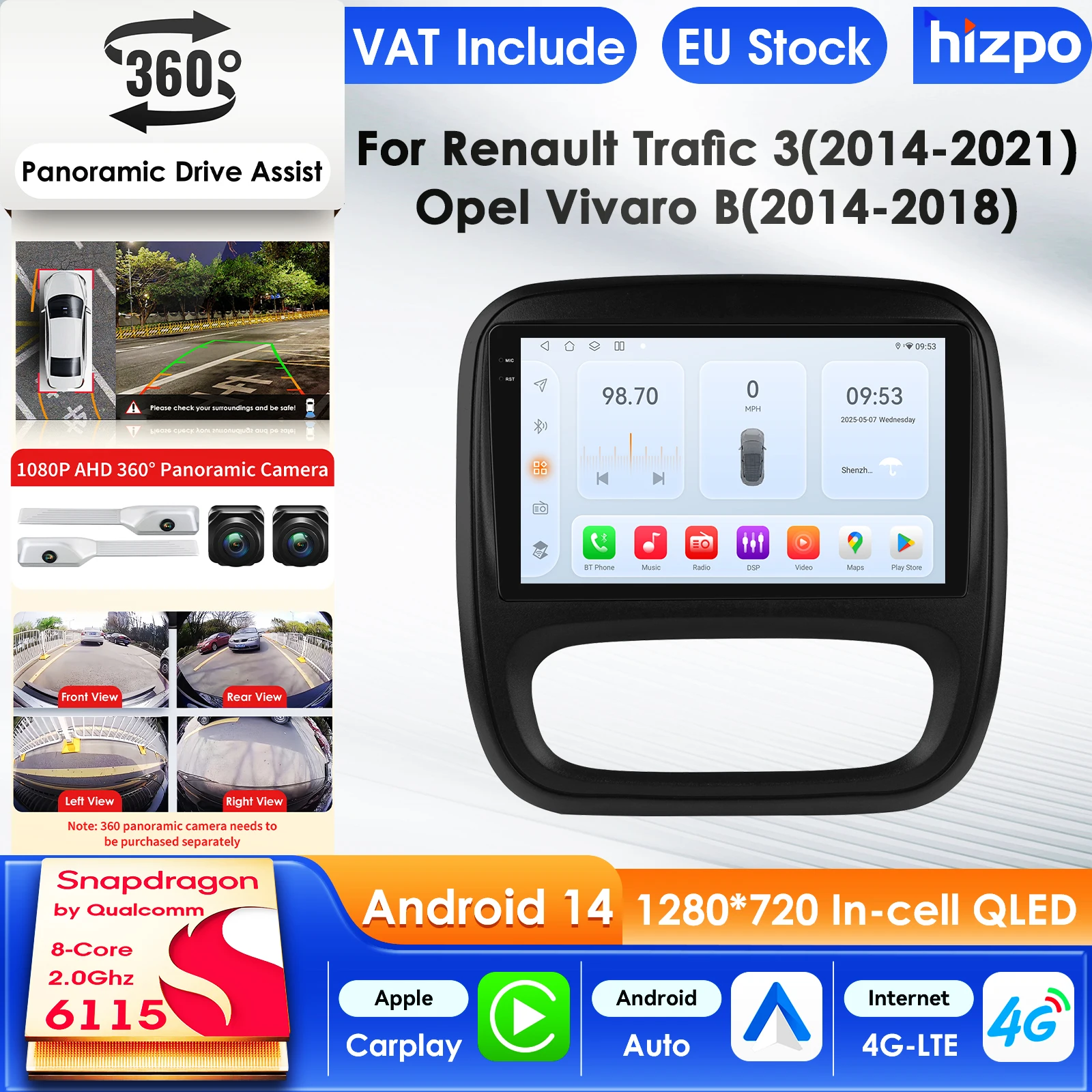 Image of Hizpo Android Auto-Multimedia-Player für Renault Trafic 3 2014 Opel Vivaro B GPS Carplay AI Intelligenter Bildschirm Autoradio 360Cam 9 Zoll Auto-Intelligent-Bildschirm QLED-Display Automotive Head