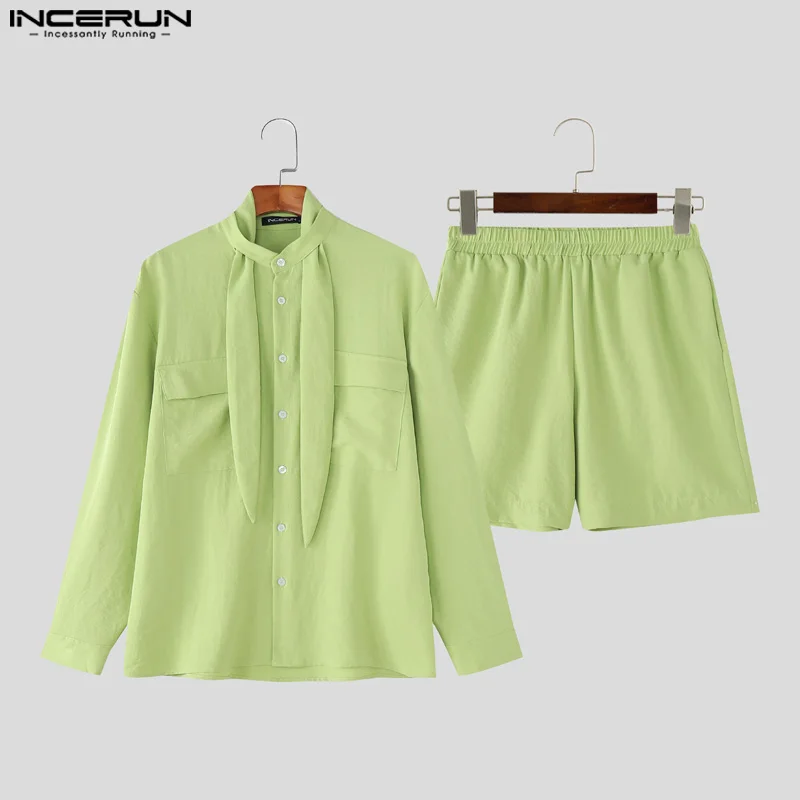 INCERUN เสื้อกันหนาวผู้ชายชุดสีทึบ OVERSIZE เสื้อแขนยาวและกางเกงขาสั้น 2PCS Streetwear ฤดูร้อน 2025 วันหยุดผู้ชายชุดลําลอง S-5XL