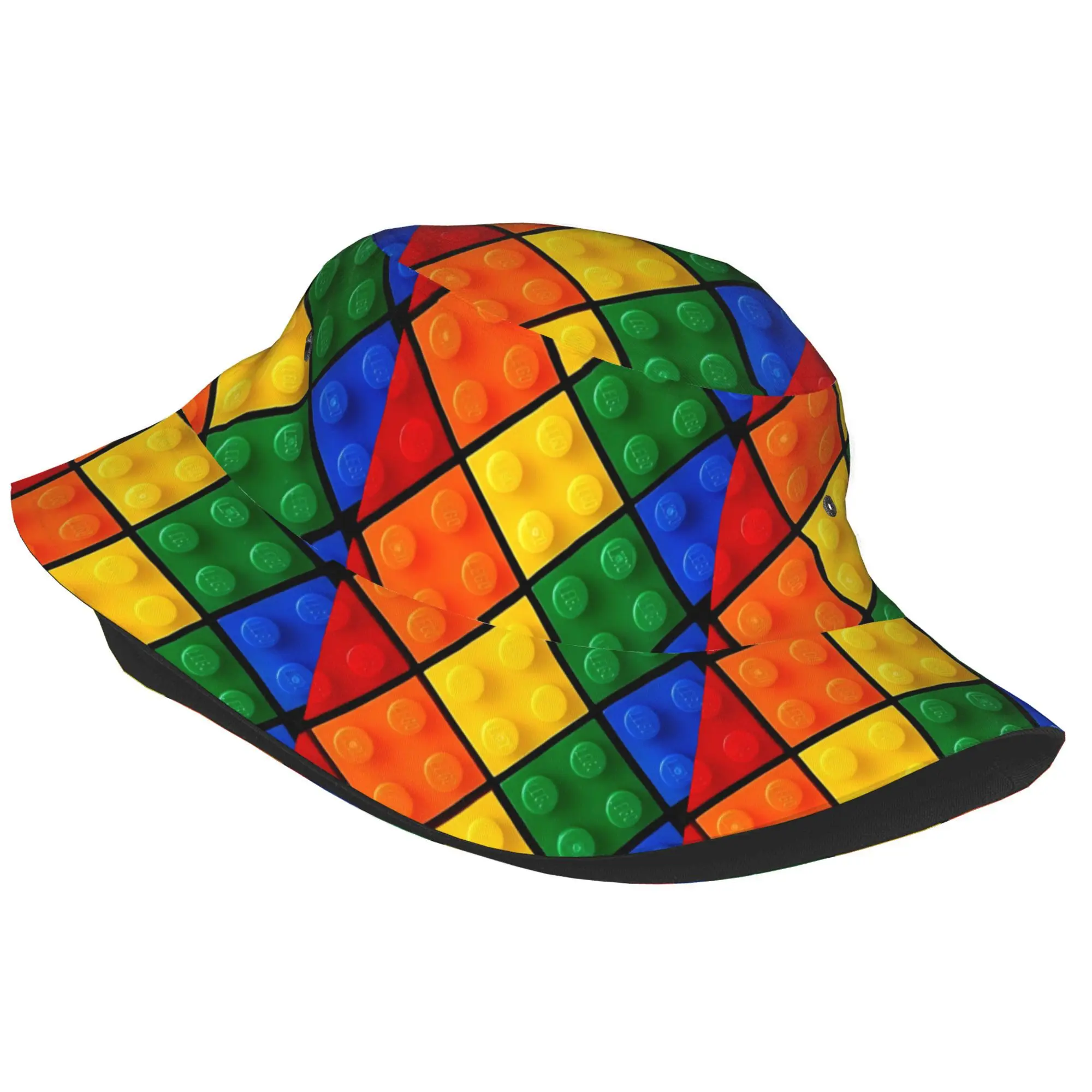 One Piece of Building Blocks Rainbow Printed Fisherman Hat a Unisex Outdoor Sun Hat Stylish Bucket Hat Ideal for Party Birthday