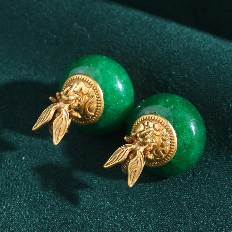 

Vintage Bee Green Agate Earrings Natural Stone Ancient Woman Gold Color Elegant Luxury Quality Jewelry Designer Gift 2025 New In