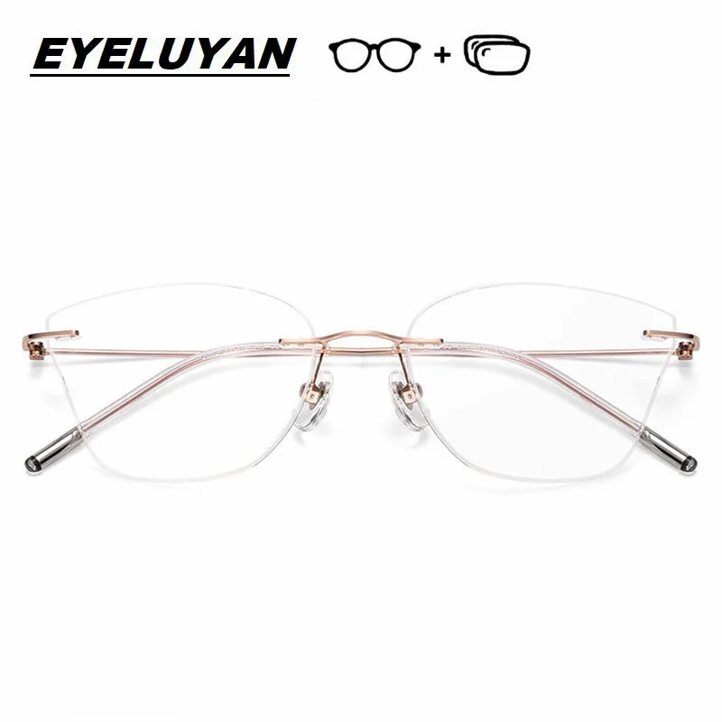 EYELUYAN Mode Cat Eye Brille Mode Randlose Brillen Reinem Titan Rahmen Optische Brillen Mit Dioptrien