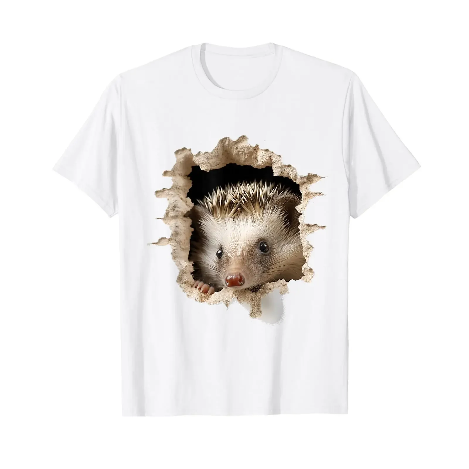 Igel Tier Natur Porträt Kunst Niedliches T-Shirt Weiß Vintage Gewaschenes Oberteil Für den Alltag Weich Bequem Dehnbar Modisch