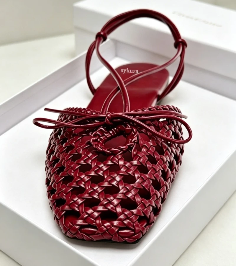 

Brand Braided Women's Shoes Bow Detail on The Front Square Toe Slingback Casual Beach Shoes Comfortable Flat Cage Sandals Women