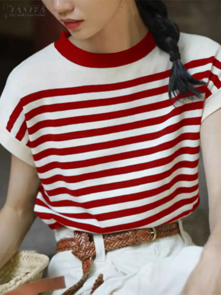 

Блузка ZANZEA женская с круглым вырезом, элегантный повседневный топ с цветными блоками, модная рубашка в Корейском стиле, в полоску, с коротким рукавом, лето 2024