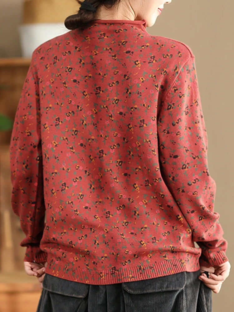 Amax luluE Turtleneck Winter Ladies Printed Casual Pullover Classic Cotton Sweaters Vintage Loose Elegant Floral Knitted Clothes