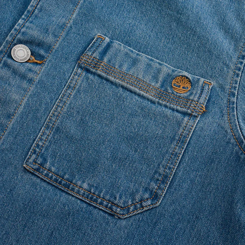 سترة/معطف رجالي من Timberland من قماش الدنيم وطية صدر السترة للياقة البدنية A426Fejw