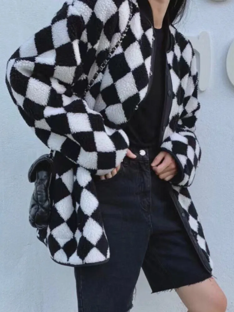 Solto pele de cordeiro xadrez meados de comprimento retalhos casaco feminino primavera outono inverno casual confortável cor macia blo outerwear