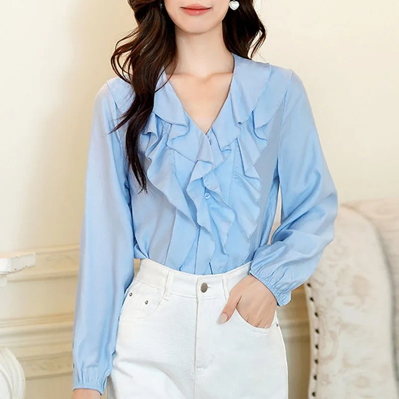 

Women Shirt Blouse New Elegant Long Sleeve V-Neck Ruffles Chiffon Shirt Blouse Women Tops Blouses Shirts Blusas Para Mujer Q811
