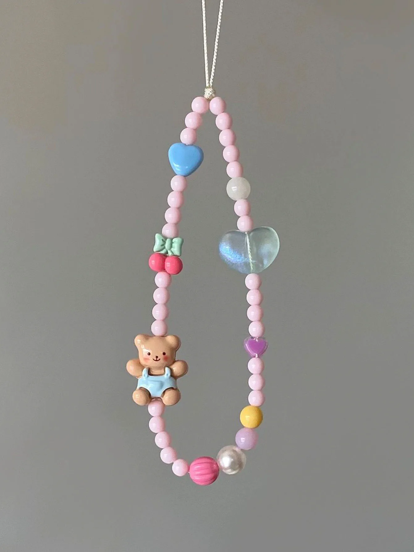 Cute Teddy Bear Mobile Phone Chain Original Design Fresh And Youthful Girl Heart Instagram Style Pink Cherry Heart Beading, ni