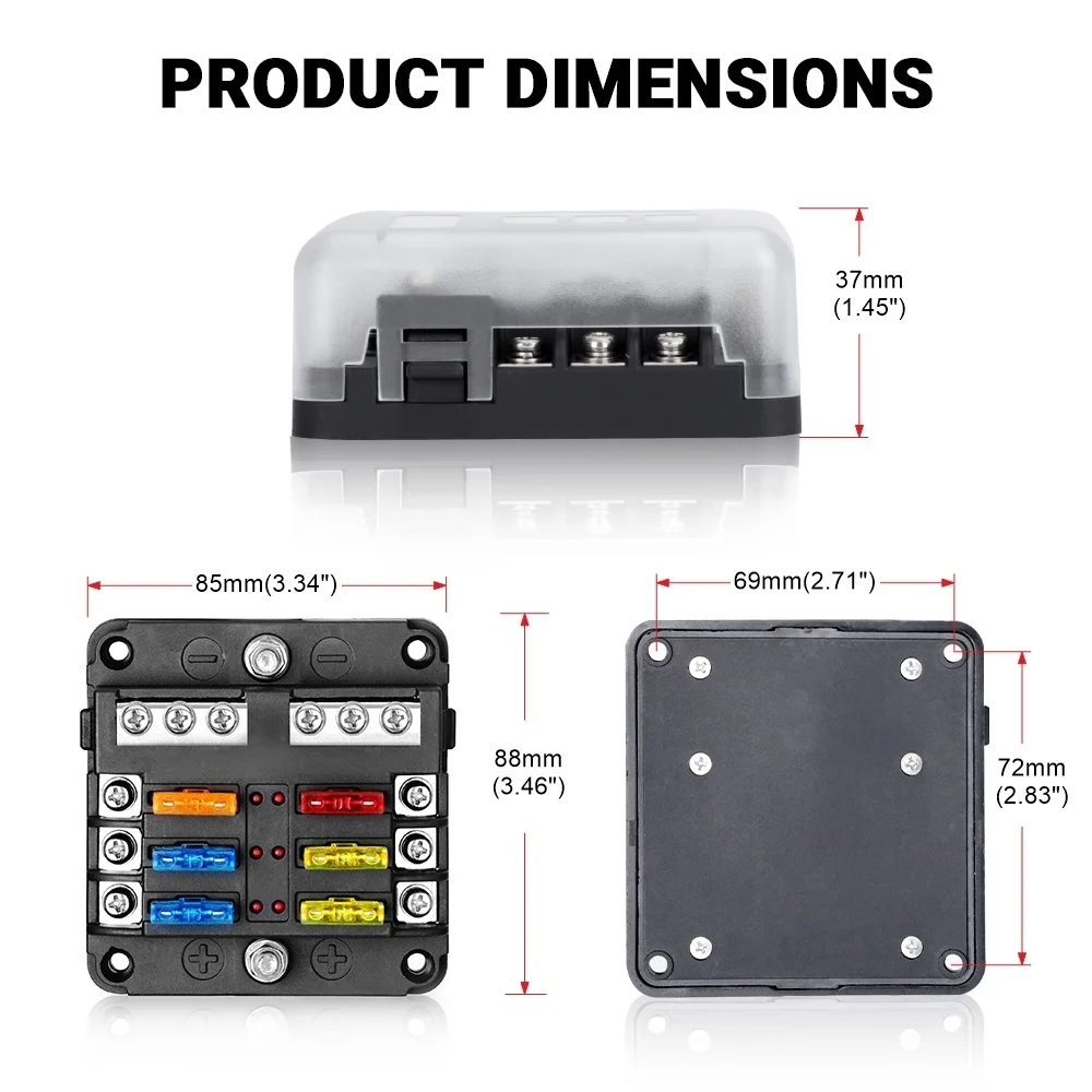 6 Way Blade Fuse Block 12 Way Fuse Box Holder Waterproof M5 Stud With LED Indicator Light For Auto Car Boat Turck Marine 12V 32V