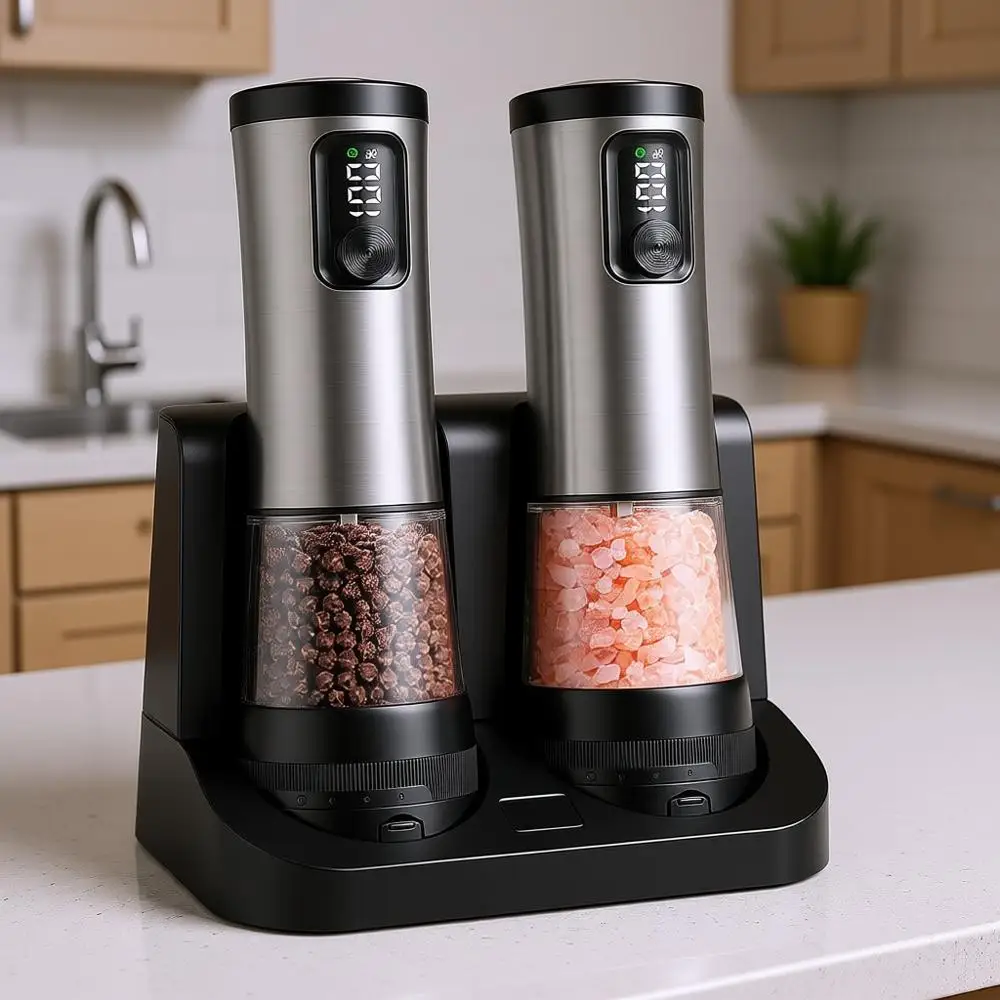 

Электрический набор мельниц для соли и перца - автоматические измельчители с индикатором заряда батареи, перезаряжаемая подставка, из нержавеющей стали, 5 уровней регулировки помола.